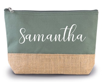 Personalized kit in green cotton and burlap, toiletry bag, birthday gift, women's gift, personalized gift