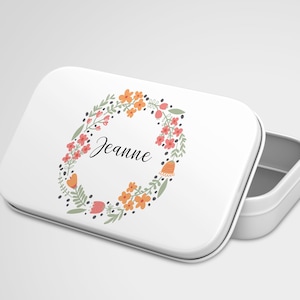 C46 Boîte métallique fleurs naives, personnalisée avec le prénom de votre choix, boîte à bons points, boîte à images, boîte à secrets