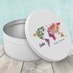 SB56 Boîte Ronde Mappemonde en métal personnalisée, boîte à biscuits personnalisable, boîte souvenirs, boîte gâteaux personnalisé