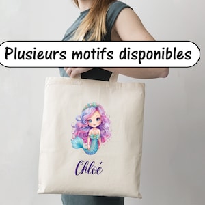 SB106 Tote Bag personnalisable Sirènes, sac shopping, sac réutilisable, cadeau sac enfant, sac école, sac bibliothèque, sirène prénom