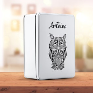 C33 Black Owl large personalized metal box, customizable sugar box, customizable souvenir box, personalized cake box