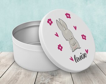 Gepersonaliseerde ronde metalen blikken doos in de vorm van een konijn, aanpasbare koekjesblik, bewaarblik, gepersonaliseerde taartblik