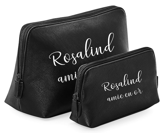 Trousse élégante noir/noir simili cuir personnalisable, en saffiano grain fin, trousse personnalisée, cadeau personnalisable, prenom