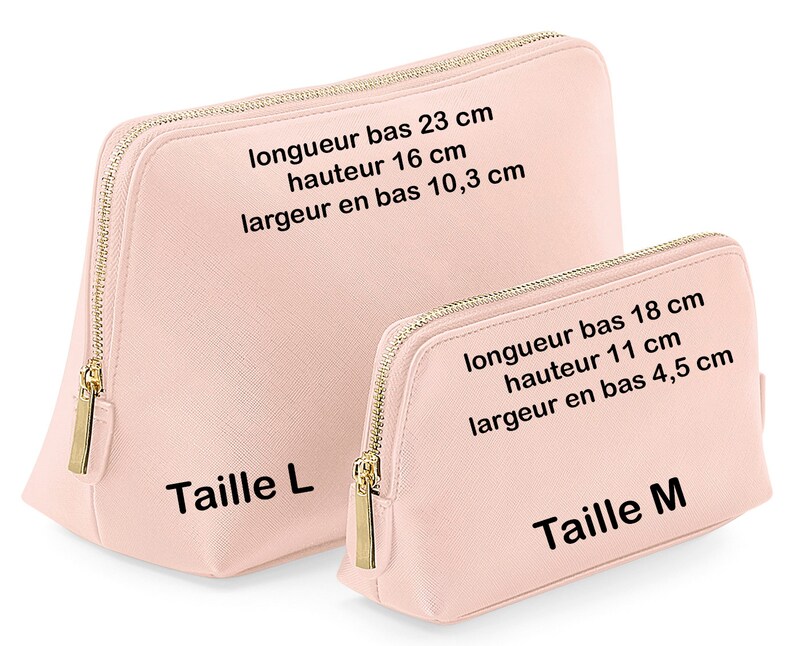 May include: Two light pink cosmetic bags with gold zippers. The larger bag measures 23 cm long at the base, 16 cm high, and 10.3 cm wide at the base. The smaller bag is 18 cm long at the base, 11 cm high, and 4.5 cm wide at the base.
