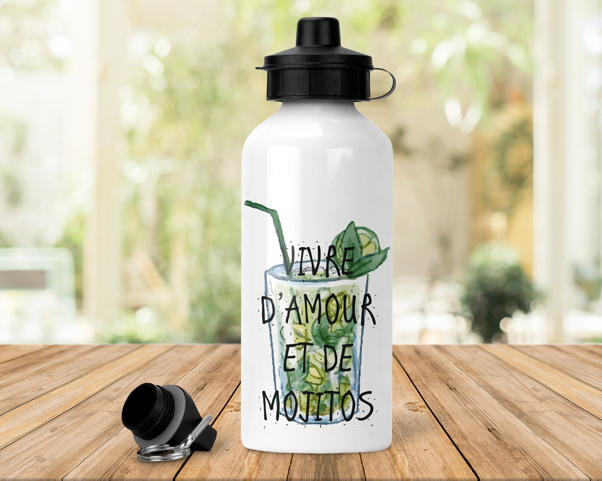 Gourde Imprimée Vivre d'amour et de Mojitos, Cadeau Femme, Anniversaire, Gourde Réutilisable, Imprim