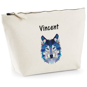 C51 Trousse imprimée Loup Bleu en coton bio à personnaliser, cadeau toute occasion, pochette maquillage, trousse école enfant, loup polygone