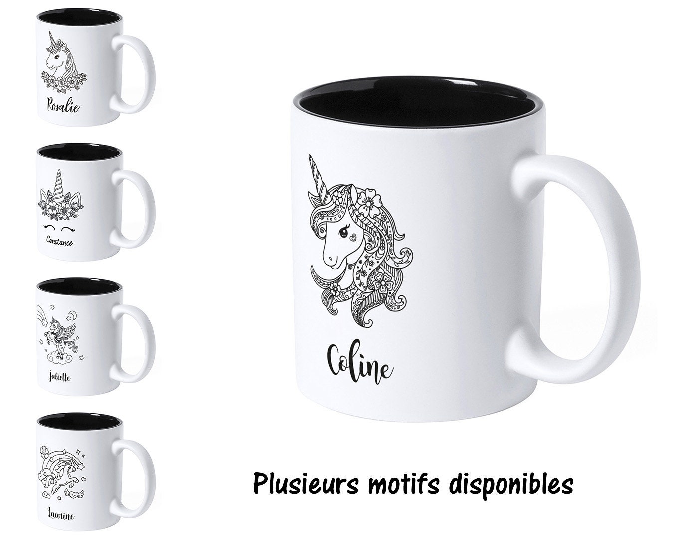 Sb82 Mug Blanc et Noir Licorne à Personnaliser, Tasse Café ou Thé, Cadeau Personnalisé, Anniversaire