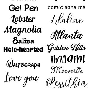 May include: A collection of handwritten fonts in black ink on a white background. The fonts include Blenda, Gel Pen, Lobster, Magnolia, Salina, Hole-hearted, WALTOGRAPH, Love you, Magnolia Sky, comic sans ms, Adaline, Atlanta, Golden Hills, IMAGINE, Merveille, and Rossithia.