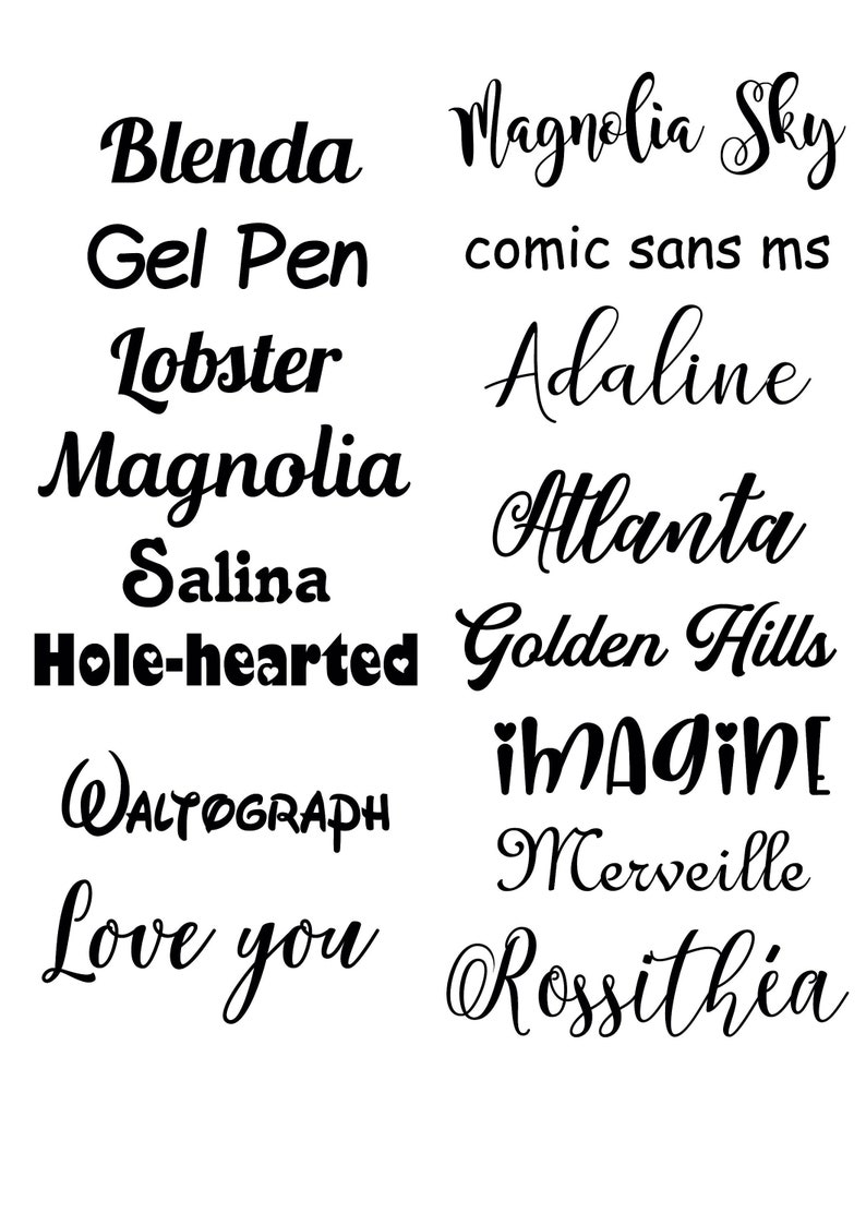 May include: A collection of handwritten fonts in black ink on a white background. The fonts include Blenda, Gel Pen, Lobster, Magnolia, Salina, Hole-hearted, WALTOGRAPH, Love you, Magnolia Sky, comic sans ms, Adaline, Atlanta, Golden Hills, IMAGINE, Merveille, and Rossithia.