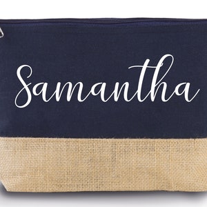 Personalized navy blue cotton and burlap bag, toiletry bag, birthday gift, personalized gift