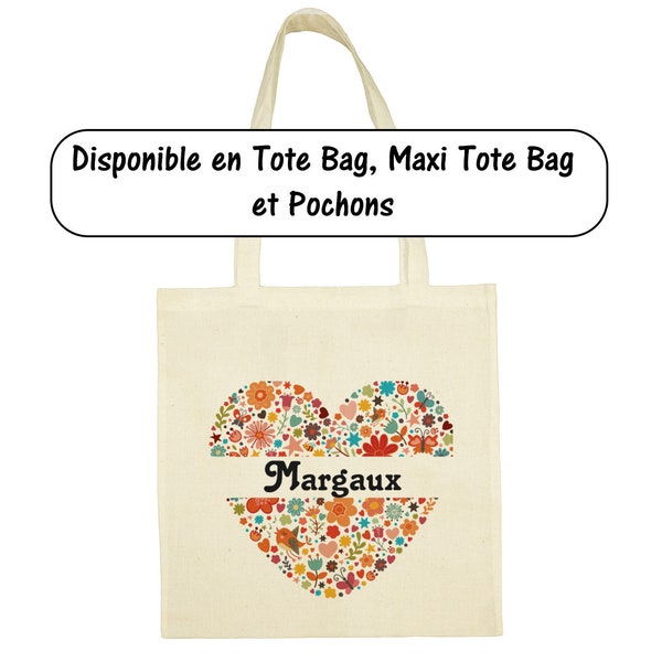 C29 Tote Bag ou Maxi Tote bag ou pochon personnalisé Coeur fleuri, sac shopping, sac de courses, sac coton, tote bag personnalisé, grand sac