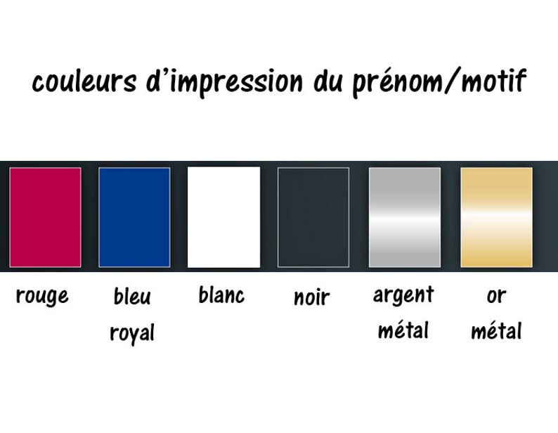 May include: A color chart showing six different colors for printing names or designs. The colors are red, royal blue, white, black, silver metal, and gold metal.