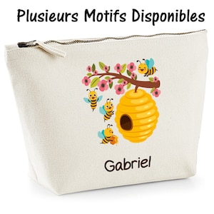 SB105 Trousse imprimée Abeille en coton bio à personnaliser, cadeau toute occasion, pochette maquillage, trousse école enfant, prénom
