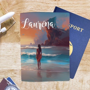 Gepersonaliseerde paspoorthoes C846 strandvrouw, gepersonaliseerde paspoorthoes, aanpasbare paspoorthouder