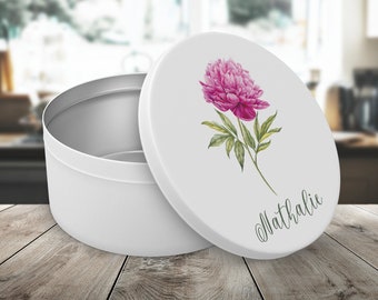 Gepersonaliseerde ronde metalen blikken doos met pioenroosmotief, aanpasbare koekjesblik, bewaardoos, gepersonaliseerde taartblik