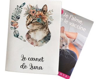 C729 Protège carnet de santé personnalisé pour animaux motif chat fleurs , carnet chien, carnet chat, carnet de santé chat