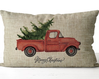 DOLLHOUSE MINIATURE ~ RED TRUCK CHRISTMAS PILLOW ~ HANDMADE