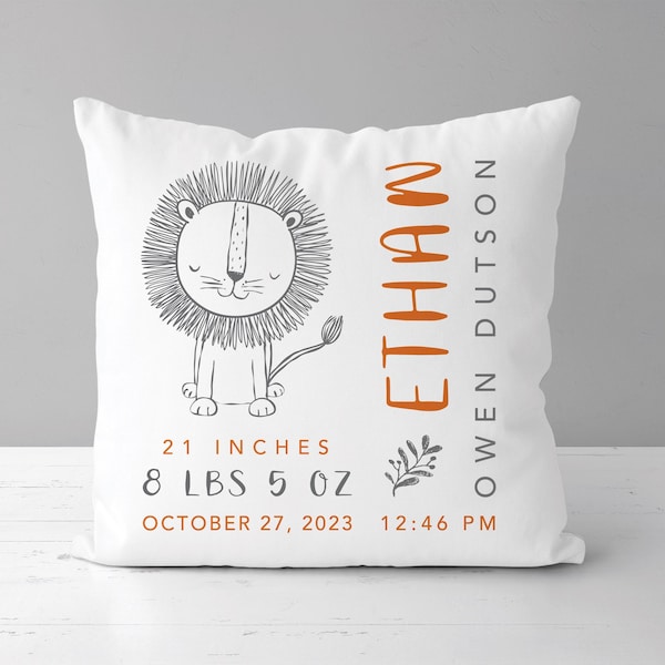 Woodland Nursery Lion Birth Stats Pillow  |  Personalized Birth Announcement  |  Baby Boy Or Girl Gift  |  Lion Nursery Decor *