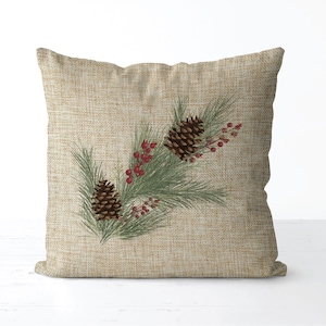 Pine Branch With Pine Cone And Berry Pillow | Pine Christmas Decor | Christmas Gift