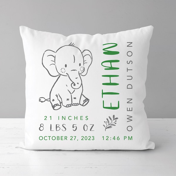 Elephant Birth Stats Pillow | Personalized Nursery Decor