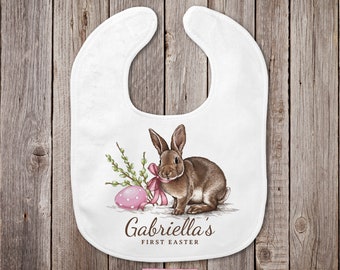 Premier bavoir de Pâques | Cadeau de lapin de Pâques bébé personnalisé | Cadeau de naissance personnalisé | Oeufs de lapin de Pâques aquarelle rose | Nouveau cadeau de bébé