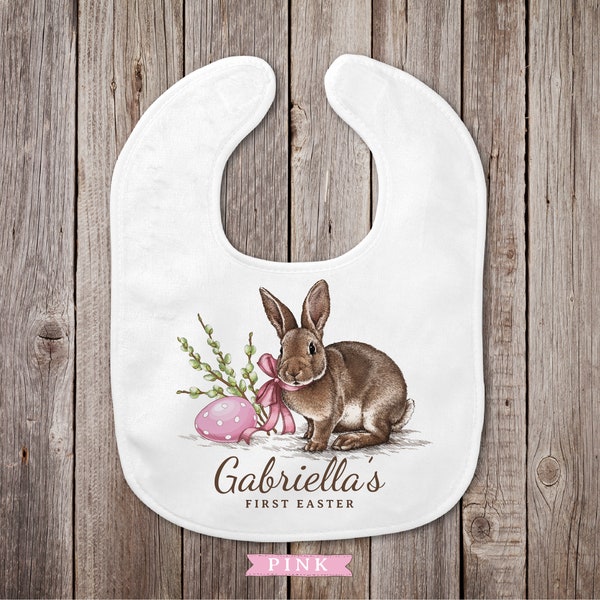 First Easter Bib  |  Custom Baby Easter Bunny Gift  | Personalized Baby Shower Gift  |  Watercolor Easter Bunny Pink Eggs  |  New Baby Gift