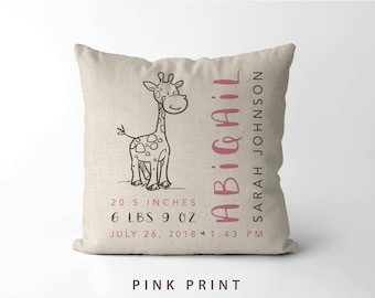 Woodland Nursery Giraffe Birth Stats Pillow | birth announcement pillow | Personalized baby gift girl boy | giraffe nursery decor