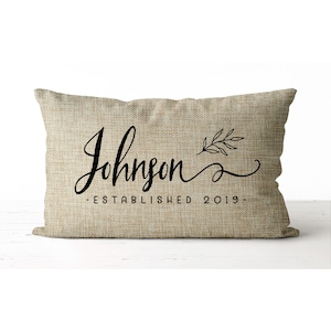 Last name established pillow | farmhouse style lumbar burlap pillow with leaf | housewarming gift for newlyweds | anniversary & wedding gift