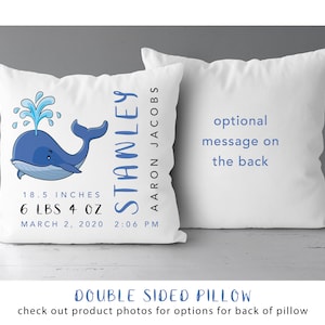 Whale Baby Birth Stats Pillow | Birth Announcement  | Personalized Baby Gift | Ocean Nursery | Nautical Baby *