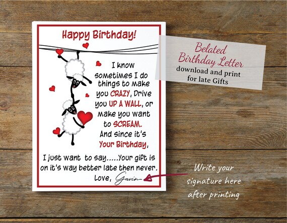 Belated Happy Birthday Gift Letter Sheep and Hearts Notification