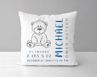 Teddy Bear Birth Stats Pillow  |  Baby Boy Personalized Gift  |  Birth Announcement  |  Bear Nursery Decor  | New Baby Shower Gift *