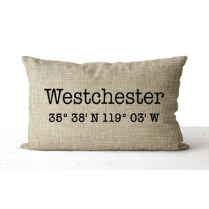 GPS Coordinates Pillow, new home gift, moving away gift, going away gift, housewarming gift, custom pillow, hostess gift,  lumbar pillow