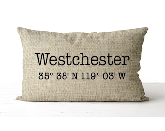 GPS Coordinates Pillow, new home gift, moving away gift, going away gift, housewarming gift, custom pillow, hostess gift,  lumbar pillow