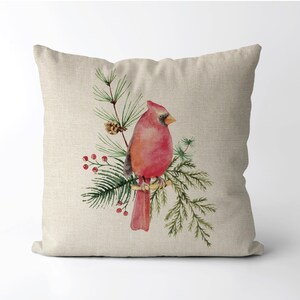 Red Cardinal Christmas Pillow  |   Christmas Bird  |  Christmas Decor  |  Holly Berries Pine Branches Pinecone