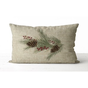 Winter Pine Branch Lumbar Pillow | Rustic Burlap Pine Cones And Berries Pillow | Christmas Decor Gift Pillow