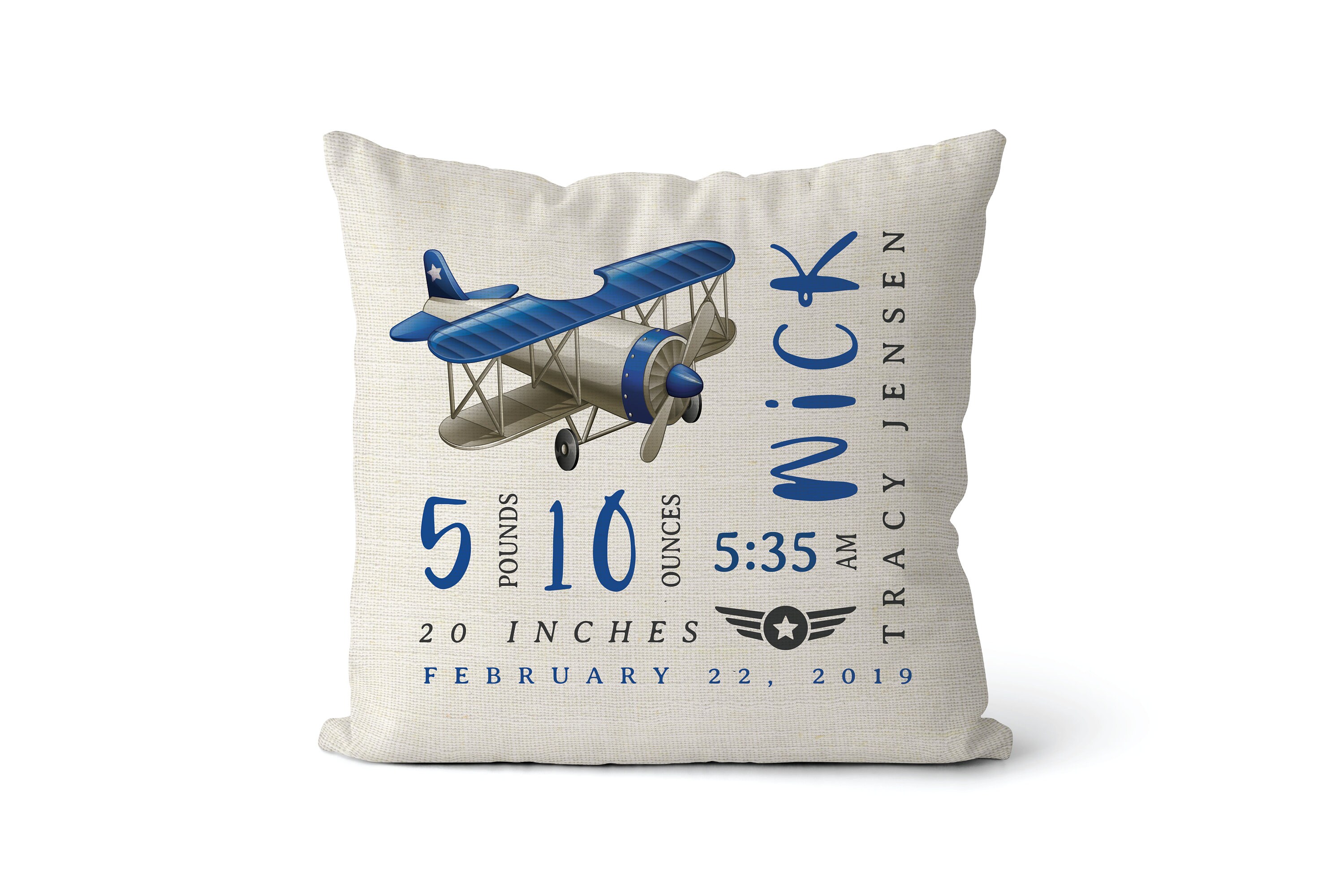 Personalized Plane Baby Pillow | Baby Birth Stats  | baby boy gift | kids room aviator plane nursery decor | pilot birth announcement