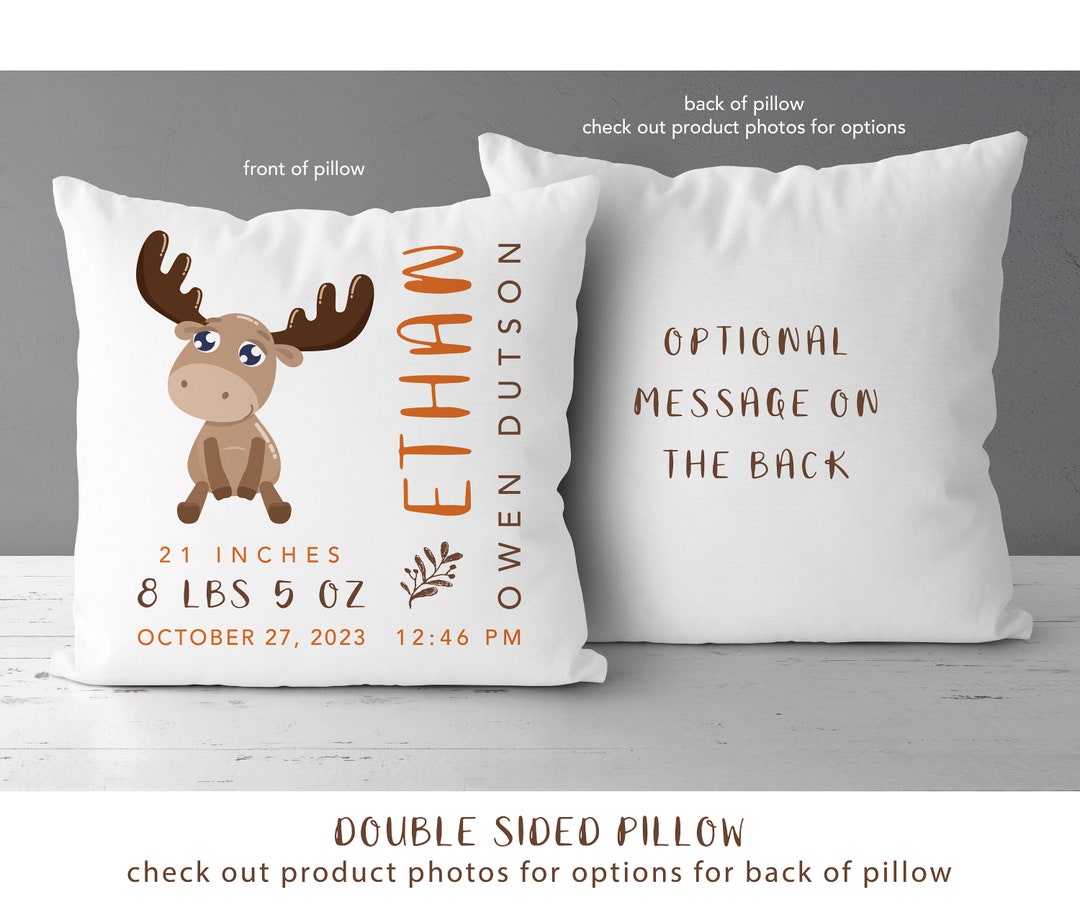 Moose Baby Birth Stats Pillow Baby Boy Personalized Gift Woodland