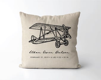 Vintage Airplane Birth Stats Pillow  |  Personalized Birth Announcement  |  Baby Boy Airplane Gift  |  Aviator Nursery