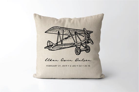 Vintage Airplane Birth Stats Pillow  |  Personalized Birth Announcement  |  Baby Boy Airplane Gift  |  Aviator Nursery