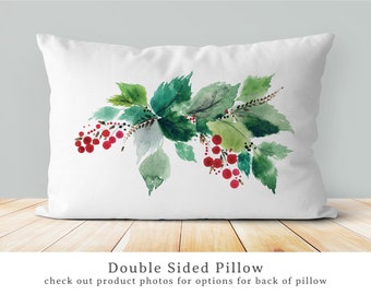 Watercolor Holly Berry Christmas pillow | Christmas Lumbar accent Pillow | Holly Berries | Watercolor | Christmas Decor