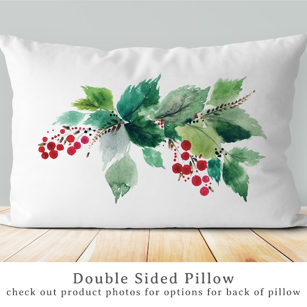 Oreiller de Noël aquarelle baies de houx | Coussin décoratif lombaire de Noël | Baies de houx | Aquarelle | Décoration de Noël