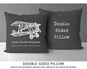 Vintage Airplane Birth Stats Pillow  | 25 Color Choices | Personalized Birth Announcement  |  Baby Boy Airplane Gift  |  Aviator Nursery *