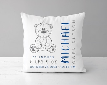 Teddy Bear Birth Stats Pillow  |  Baby Boy Personalized Gift  |  Birth Announcement  |  Bear Nursery Decor  | New Baby Shower Gift *