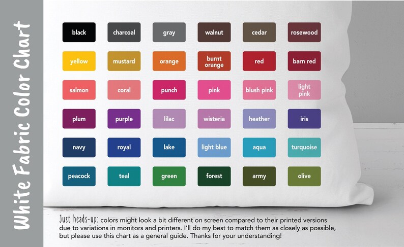 a white pillow with a color chart on it
