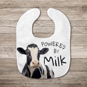 Powered by Milk Cow Baby Bib, Funny Baby Shower Gift, Gender Neutral Baby Gift, Cute Cow Bib, Drool Bib, Feeding Bib, Country baby