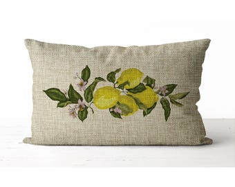 Lemon Branch Bouquet Pillow |  lumbar accent pillow | watercolor lemon | Lemon Decor | Summer Pillow | Summer Decor | Lemon blossoms
