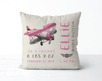 Personalized Plane Baby Pillow | baby girl gift | kids room | aviator | pink plane nursery decor | pilot baby announcement