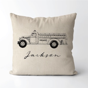 Vintage Firetruck Personalized Name Pillow | Baby Boy Gift | Kids Room | Firefighter Fire Engine Decor