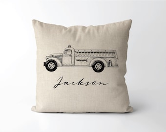 Vintage Firetruck Personalized Name Pillow | Baby Boy Gift | Kids Room | Firefighter Fire Engine Decor