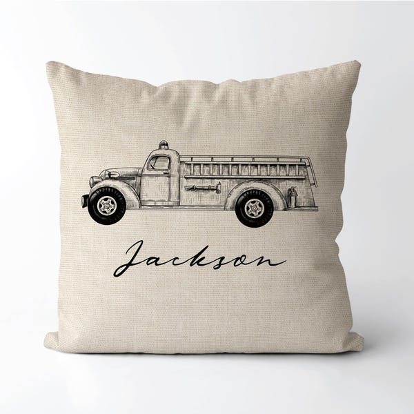 Vintage Firetruck Personalized Name Pillow | Baby Boy Gift | Kids Room | Firefighter Fire Engine Decor